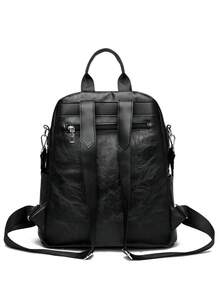 女士尼龙翻盖双肩包，简约方形设计，大容量，适合购物、装钱包、手提包，适合年轻女性、大学生、初学者、上班族。是办公室、大学、工作、商务、通勤、户外活动、旅行和野餐的理想之选。 - 黑色 - 查看 6