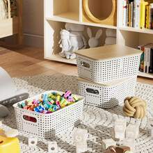 6-Piece Small Plastic Storage Bins | With Labels | Stackable Decorative Storage Baskets And Containers | For Shelf Organization | Desktop, Office, Bedroom, Dorm, Classroom | Toy Storage | Clothing Storage | With Bamboo Lid - Multicolor - View 6