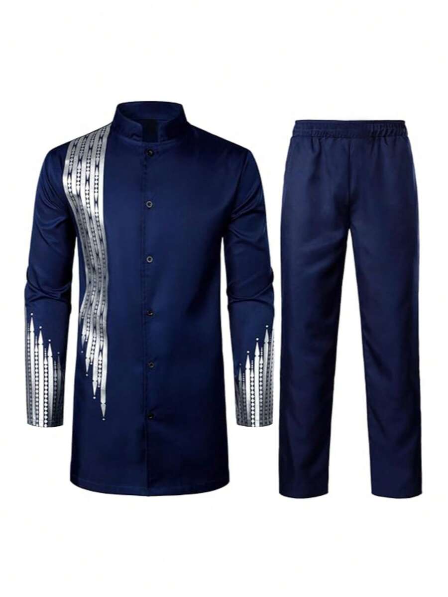 Men's Casual Long-Sleeved Two-Piece Suit, Mid-Length Top And Trousers  Baroque    Regular Fit    Button Front  Pocket  Knot    Halloween  Christmas - Màu xanh hải quân - Xem 1