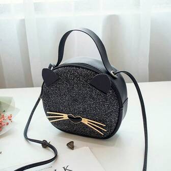 Dam kattformad axelväska med justerbar rem och gyllene detaljer - Rund syntetisk handväska med hjärtformade tassöron och svarta ögon, dragkedja, gyllene detaljer i fuskpälsfoder - Elegant och lekfull vardagsväska för resor, shopping, fotograferingar (brun/vit/rosa/svart)