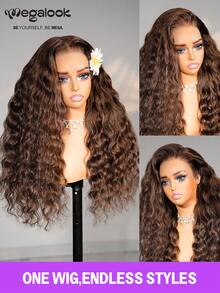 MEGALOOK 升级版 13x6 Three-Go™ 无胶假发 #4 深棕色波西米亚卷发蕾丝前假发带拉绳预剪耳到耳蕾丝自然发际线彩色真人假发 - S4 - 查看 6