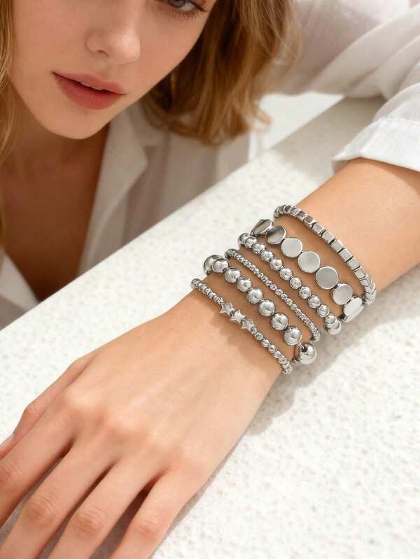 6pcs/Set Geometric Square, Circle, Star Beaded Layered Bracelets Set, Suitable For Women Daily And Party Wear
