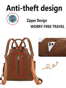 Mochila plegada de piel sintética marrón con asa de anillo metálico y decoración de camelia - Bolso casual de uso diario para mujeres - Multicolor - Ver 6