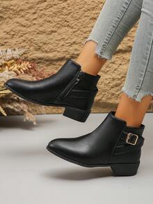 Plus Size Women's Motorcycle Boots, New Autumn/Winter Fashion Black Side Zipper Chunky Heel Ankle Boots, Comfortable Versatile Casual Outdoor Riding Boots - Black - View 5