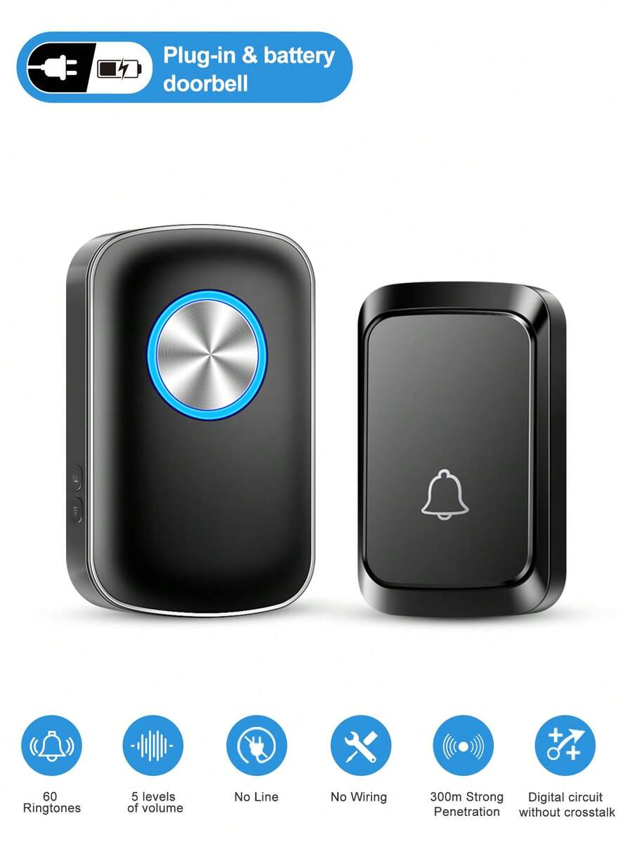 1 套 3*AAA 无线门铃，60 种旋律，5 种音量等级，远距离无线门铃，适用于家庭、客厅、花园、卧室，USB 供电 - 黑色 - 查看 1