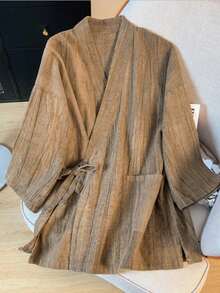 LUCIDVUE 1pc Women's Chinese Style Linen Jacket, Spring/Summer New Retro Loose Fit Tie-Waist Top With Pockets, Open Front Casual Cardigan, Tea Ceremony Outfit - Mocha Brown - View 14