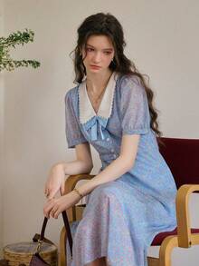 Simple Retro 女士波西米亚风印花梭织中长连衣裙，短袖彼得潘领，纽扣前襟，喇叭下摆 - 藍色 - 查看 4