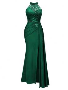 Halter Neck Sequin Floral Lace Contrast Satin Draped Side Split Thigh Evening Party Maxi Dress - 墨綠色 - 查看 7