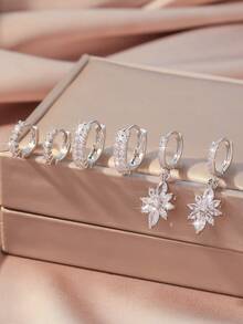 Set de 6 piezas de pendientes de cobre con piedras de circonita, de alta gama y con múltiples elementos, un regalo decorativo exquisito y versátil para mujeres en fiestas, citas y vacaciones