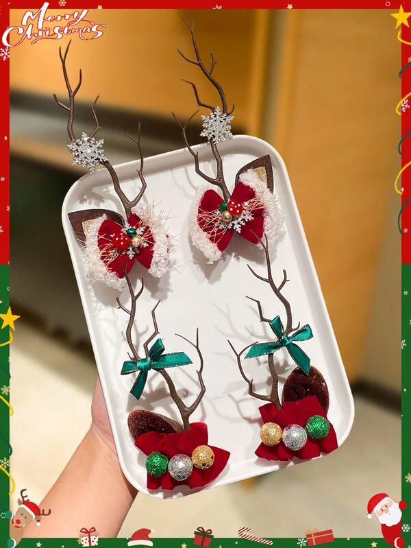 2pcs Women's Christmas Bow & Antler Hair Clips, Sweet & Cute Style, Female Hair Accessories, Christmas Costume Decor, Suitable For Holiday Parties, Christmas Gifts, Winter Women's Accessories