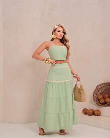 Women's Set, Cropped Top And Long Skirt Set, Elegant Set, Sophisticated Set, Casual Set, Modern Set, Summer Set, Comfortable Set, Stylish Set, Women's Fashion Set, Casual Party Set, Fashion Set, Set, Boho Set, Flared Women's Set - Green - View 4