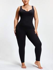 Plus Size Women Seamless Sleeveless Long Jumpsuit, Heart Neck Design, Tummy Control Lift Butt Waist Shaper, Breathable Fabric Suitable For Sports, Yoga & Casual Wear