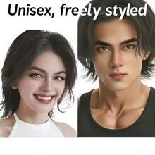 Men's Short Wolf Tail Carp Head Wig, Halloween Costume Role Play Button Mesh Wig, Easy To Wear, Japanese Carp Head Cosplay Wig For Men, Medium Long Straight Hair Wig Full Head, Unisex Wolf Tail Realistic Hair - 彩色 - 查看 5
