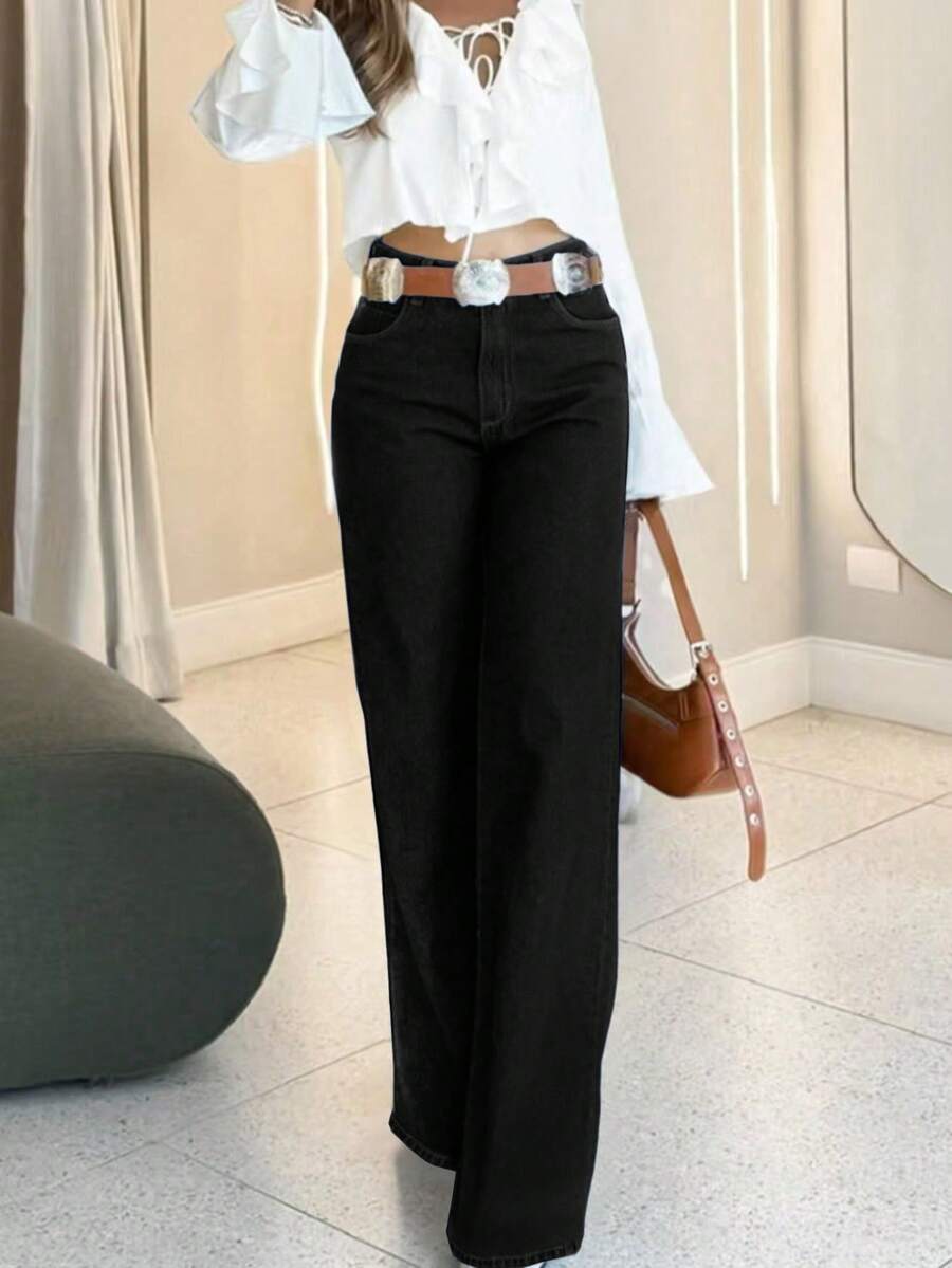Elegant Women's Clothing, Women's Winter Clothing Loose Straight Leg Denim Pants, Loose Straight Leg Pants, Women's Boot Shaped Jeans, Suitable For Parties, Women's Dances/Banquets, Queues, Birthday Parties, Women's Birthday Clothing, Vacations, Beer Festivals, Women's Halloween Costumes, Women's Christmas Costumes, Women's Winter Clothing - màu đen - Xem 1