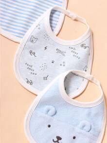 3pcs Baby Bibs With Bear Embroidery And 3D Ears, Soft Fabric, Suitable For 0-12 Months Infants - Blue - View 5