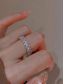 Nooxian 1 chiếc nhẫn đính đá Cubic Zirconia hình oval sang trọng sáng bóng, phụ kiện nhẫn đeo tay trang sức Hip Hop dành cho nữ - Bạc - Xem 10