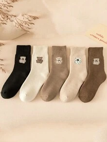 1/3/5双装可爱小熊保暖中筒袜，女士秋冬款 - 彩色 - 查看 1