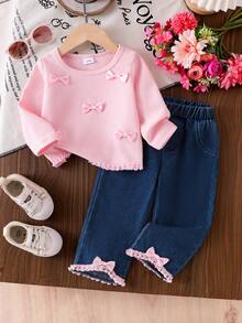 2pcs Baby Girl Fashionable Minimalist Bohemian Style Set: 3D Bow Decor Fringe Trim Crew Neck Long Sleeve T-Shirt Top And 3D Bow Decor Elastic Waist Denim Pants - Pink - View 3