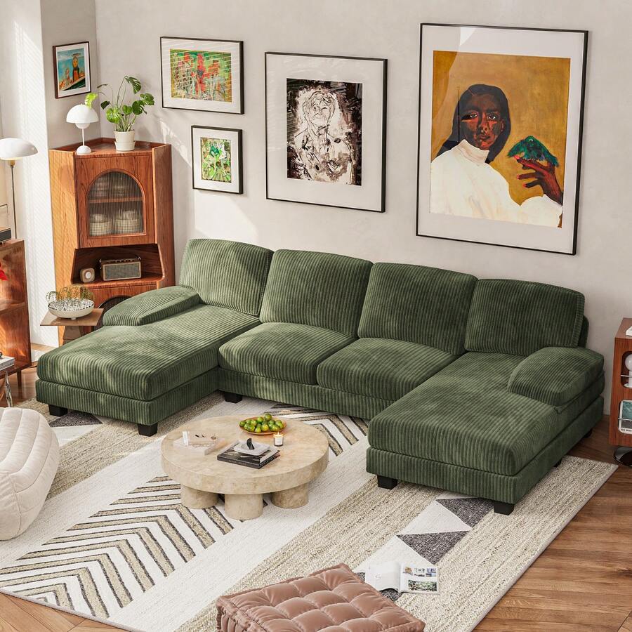 Flamaker Sectional Sofa Couches For Living Room, U-Shaped Modular Sectional Sofa With Corduroy Fabric, 6-Seater Sofa Comfy Couch With  Double Chaise - 燈芯絨綠色 - 查看 1
