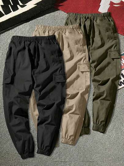 3pcs Boys & Teens Casual Minimalist Faux Pocket Outdoor Sports Drawstring Cargo Pants