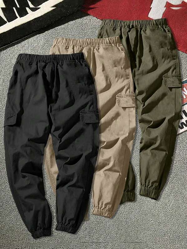 3pcs Boys & Teens Casual Minimalist Faux Pocket Outdoor Sports Drawstring Cargo Pants