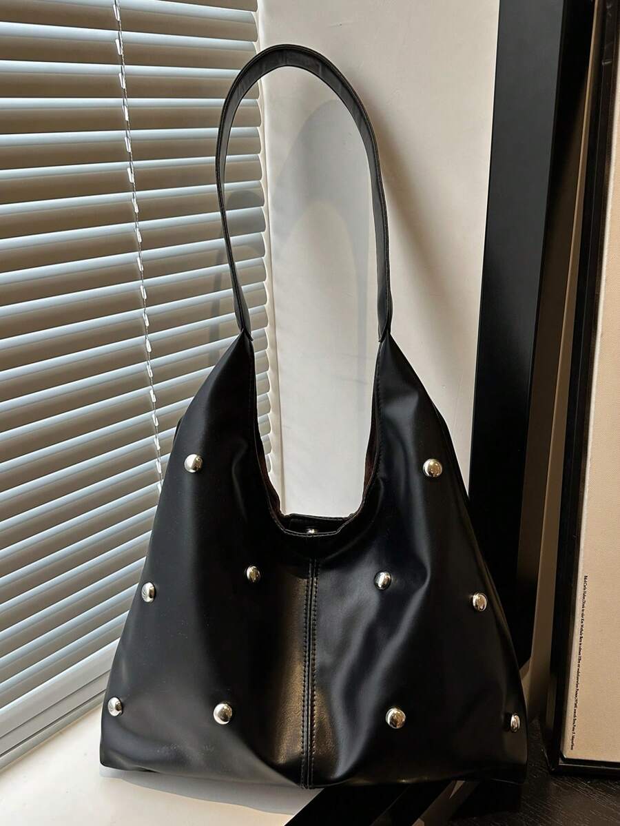 2025 Fashion Matte Solid Color Punk Rivet Commuter Tote Bag, Minimalist Niche Underarm Bag, Stylish Large Capacity Shoulder Bag , Goth , Punk - Black - View 1