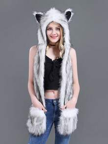 三合一毛绒连帽围巾，可爱动物爪手套带口袋，柔软护耳帽，适合狼、熊角色扮演，猫耳仿毛皮帽，冬季必备 - 彩色 - 查看 9