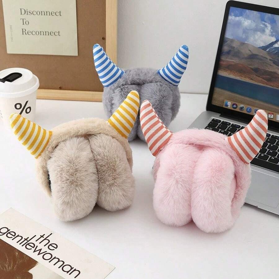 鹿角加厚绒面耳罩，成人冬季保暖耳罩，羊毛耳罩，条纹耳套，防寒保暖耳套 - 彩色 - 查看 1