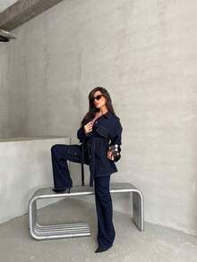 Women's Casual Black Plain Jacket And Pants Two Pieces Set With Shirt Collar And Pockets Non-Stretch Fabric Trousers - Navy Blue - View 6