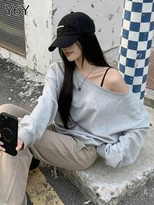 Y6Y 休闲时尚宽松不对称肩部女式卫衣，长袖露肩上衣，2025 年秋冬新品 - 花灰色 - 查看 7