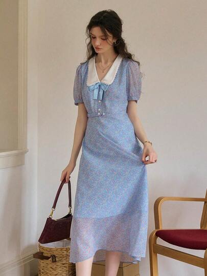 Simple Retro 女士波西米亚风印花梭织中长连衣裙，短袖彼得潘领，纽扣前襟，喇叭下摆