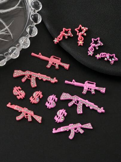 10 pezzi Decorazioni per unghie a forma di pistola 3D per unghie in acrilico, gemme per unghie in lega di colore rosa scuro a forma di pistola, mitragliatrice, stelle e dollari, accessori per unghie, strass per unghie per forniture di arte di unghie, manicure e fai da te