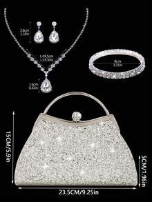 闪亮奢华女士晚宴包，优雅亮片派对包，镶钻手提包，时尚新娘婚礼包，配有闪亮水钻首饰三件套，适合女性参加派对、晚宴、婚礼、舞会、聚会和其他场合。 - 銀色 - 查看 3