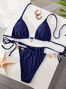 女士性感休闲比基尼泳装，海洋元素海星、贝壳、夏威夷、芙蓉花，适合夏季、夏季假日 - 藏蓝色 - 查看 9