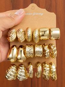 6-18pcs/Set Vintage Gold-Color CCB Hoop Earrings. Creative C-Shaped Design Earrings. Suitable For Daily Wear, Parties, Dates And Holidays. Elegant Holiday Gift.