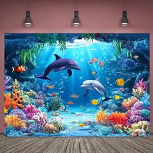 1 Piece Of Dolphin Theme Ocean World Backdrop, Polyester Fiber (Polyester) Is Very Suitable For Boys And Girls Birthday Party, Gender Reveal, Baby Shower, Family Gathering, Holiday Party, Christmas Decoration Supplies - Multicolor - View 3