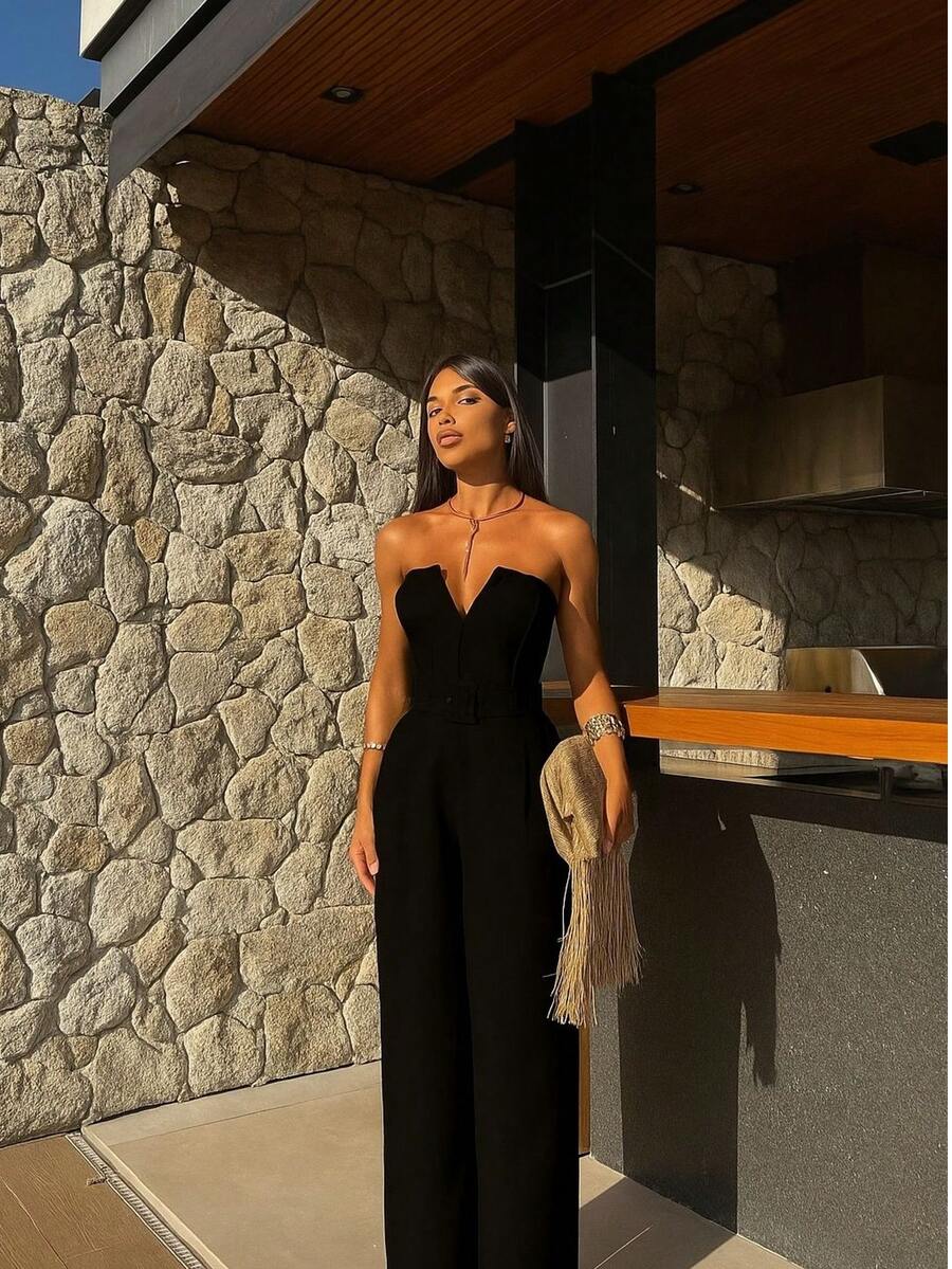 Women's Tailored Strapless Jumpsuit With V-Neck And Belt - 黑色 - 查看 1