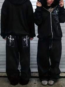 Straight Leg Wide Leg Washed Loose Casual Embroidery Jeans - Black - View 2