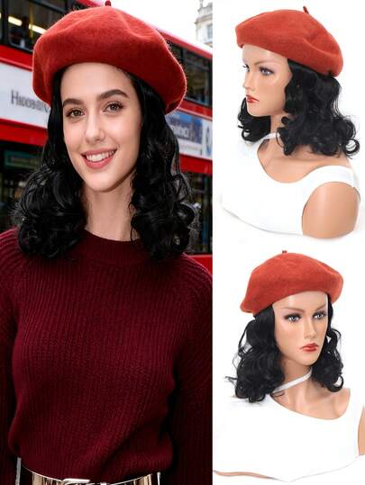 1 Stück synthetische schwarze Perücke mit ziegelroter Barettmütze, modische kurze lockige Hutperücke für Frauen