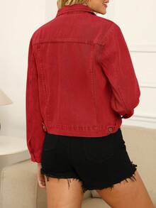 Women's Non-Stretch Lapel Cropped Denim Jacket Long Sleeve - 紅色 - 查看 2