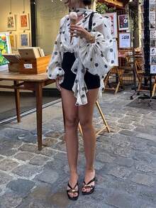 Áo kiểu HUACAITA họa tiết chấm bi cổ điển, tay áo phồng bằng chiffon rộng, bèo nhún, áo sơ mi cài cúc xuyên thấu, phong cách đường phố, kỳ nghỉ hè trên bãi biển, màu trắng. - trắng - Xem 7