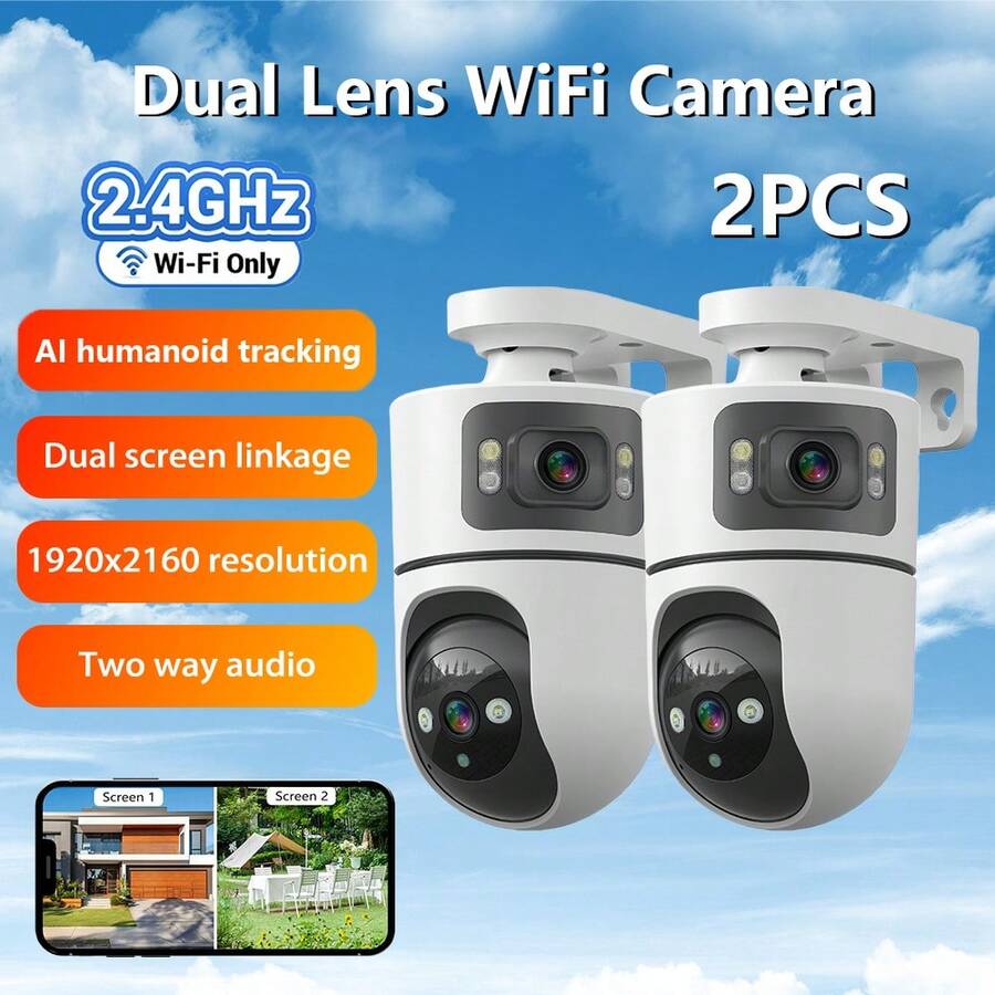 2-Pack/4-Pack Dual Lens Wireless Security Camera, PTZ Technology Monitoring, 2.4G WiFi, 5V Low Power Design, Auto Tracking, Full Color Night Vision, Two-Way Audio, AI Motion Detection, For Home And Street Security And Monitoring, Wireless Security Camera, Property Protection, Stylish Design, High-Quality Lens, Smart Monitoring, Property Monitoring, Hidden Monitoring, Night Vision Camera, Exquisite Packaging Suitable For Gifts - White - View 1