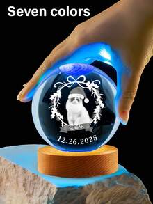 ​​Personalized Christmas Pet Photo Crystal Ball Night Light​​ - Customizable Multi-Photo & Text Engraving With 3D Holographic Effect, Displaying Pet Portraits With Engraved Holly Wreaths, Names, And Dates. Multi-Color LED Base Offers Seven-Color Illumination Options, Creating A Warm Holiday Glow. Heartwarming Christmas Decoration For Family Portraits