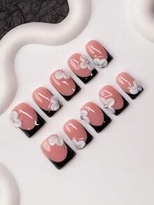 10pcs Square Shaped Handmade Nail Tips, Y2K Baddie Style, Nude & Black Color With French Tips & Carved Designs, Suitable For Women & Girls, Includes Tools, Great Gift For Parties, Occasions, Daily Wear Nails Nail Supplies Handmade Press On Nails - Multicolor - View 1