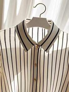 Women's Striped Collar Ruffle Cuff Single-Breasted Casual Versatile Commuting Long Sleeve Shirt - Mixed Colors - View 3