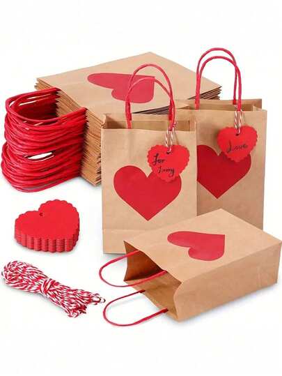 6pcs Valentine's Day Gift Bag Heart Shaped Kraft Paper Birthday Love Thread Bag New Year Mother's Day Handle Bag Thanksgiving Shopping Bag, Valentine's Day Decorative Products, Shopping Bag, Party Bag, Wedding Party Gift Bag, Craft Handbag, Party Gift