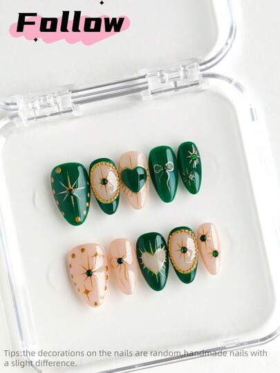 10pcs Christmas Green Short Almond Handmade Press-On Nails,Gorgeous And Cute Nail Art,Hollow Heart Nails,Sweet Style,Gold Line And Steel Bead Edging Nails,Nail Supplies,Glossy Fake Nails,Simple Full Coverage Nails Suitable For Women's Fall And Winter Parties,Festival, Dances, Daily Casual Wear