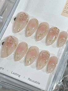 10pcs Handmade Almond-Shaped Nail Stickers, Embedded With Gold Trim, Lightweight & Luxurious, Elegant & Classy, Suitable For Various Styles, Removable & Reusable, Also Great As Gifts For Female Friends. Nail Art Supplies - Multicolor - View 3