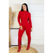 Virginia Women's Jumpsuit With Zipper – Fashionable And Versatile Style In Anarruga Fabric. - 紅色 - 查看 2