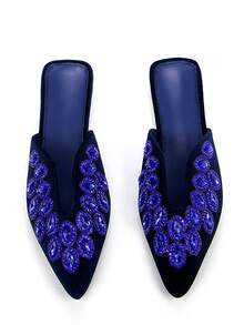 Women's Luxurious Fully Rhinestone & Gemstone Decorated Navy Blue Velvet Pointed Toe U-Shaped Vamp Comfortable Flat Mule Shoes, Suitable For Daily Wear And Parties,Mothers Day Gift - Royal Blue - View 2